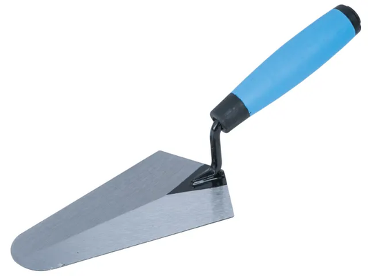 Trowel with blue handle on a white background