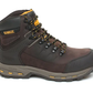 Brown hiking boot with yellow accents on a white background