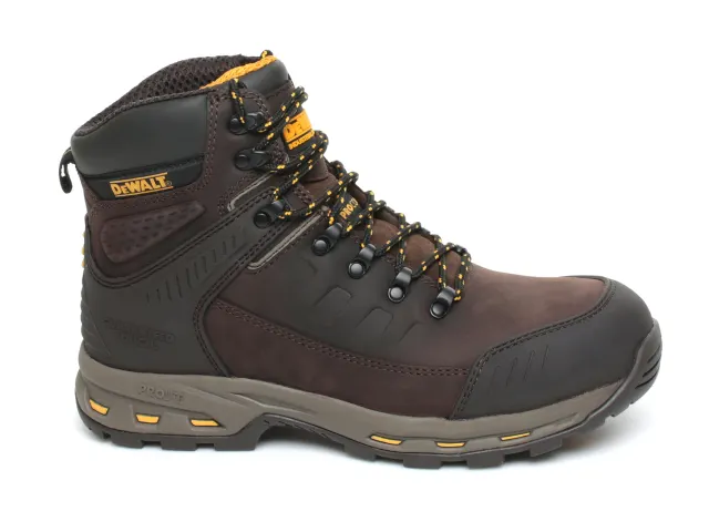 Brown hiking boot with yellow accents on a white background
