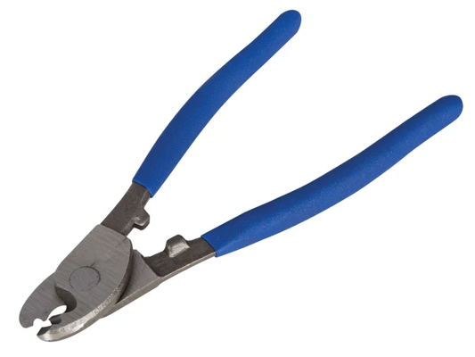 Pair of wire cutters with blue handles on a white background