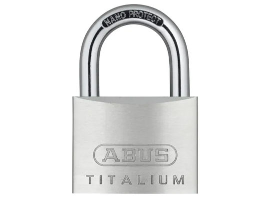 Silver ABUS Titalium padlock on a white background
