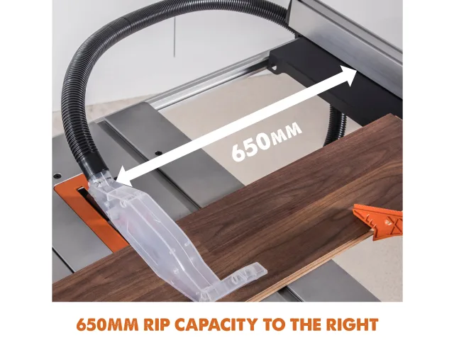 Woodworking table saw with a measurement indicating 650mm rip capacity on the right.
