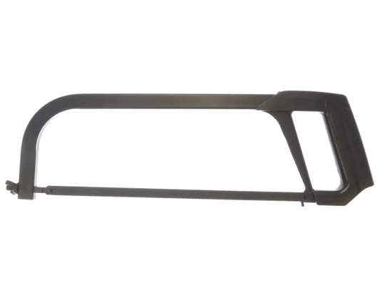 Black metal hacksaw frame on a white background