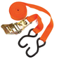 Orange ratchet strap with metal ratchet and black plastic hooks on a white background
