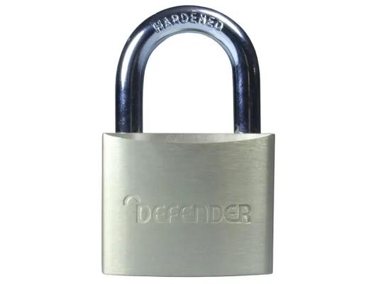 Metal padlock with 'Defender' branding on a white background
