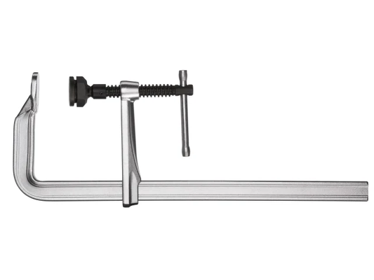 Metal C-clamp on a white background
