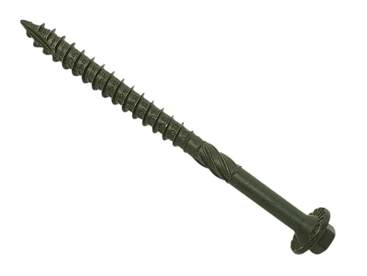 Green metal screw on a white background