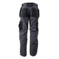 Black and gray work pants with multiple pockets on a white background
