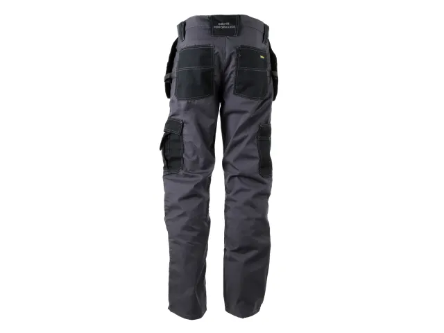 Black and gray work pants with multiple pockets on a white background