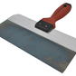 Metal trowel with red and black handle on a white background