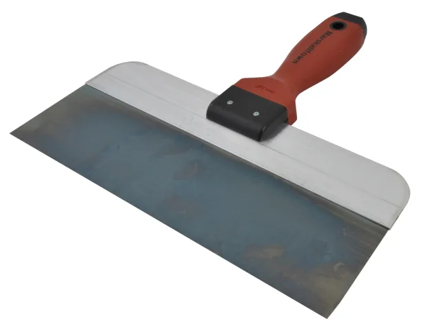 Metal trowel with red and black handle on a white background