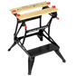 Portable workbench with wooden surface and black metal frame on a white background