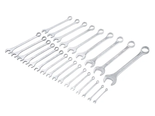 Set of silver wrenches on a white background