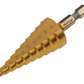 Gold step drill bit with measurement markings on a white background