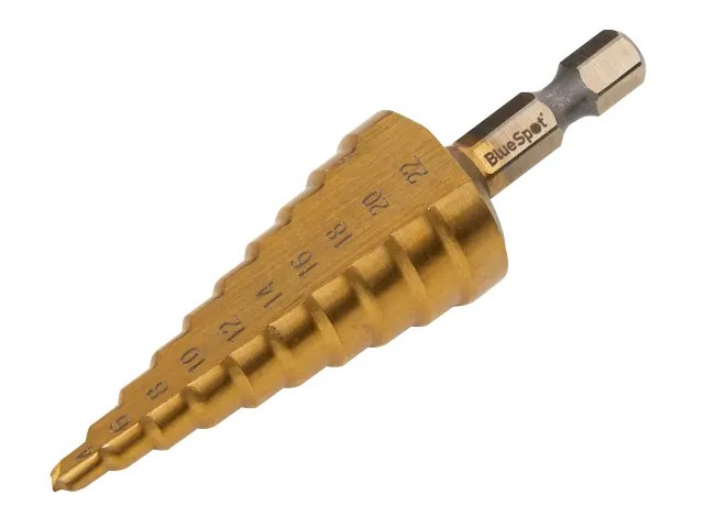 Gold step drill bit with measurement markings on a white background