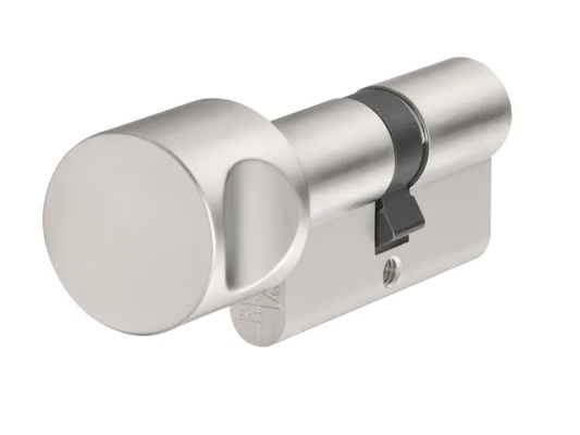 Silver cylindrical lock on a white background