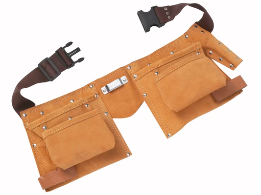 Brown leather tool belt with multiple pockets and a strap on a white background