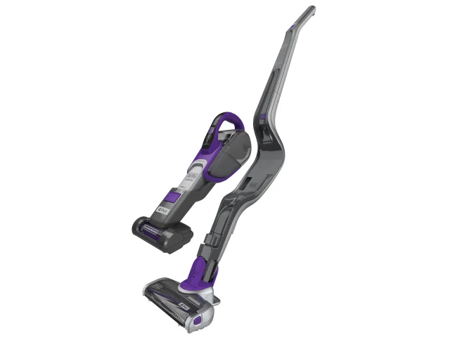 Purple and gray cordless vacuum cleaner on a white background
