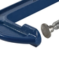 Blue C-clamp with a metal screw on a white background