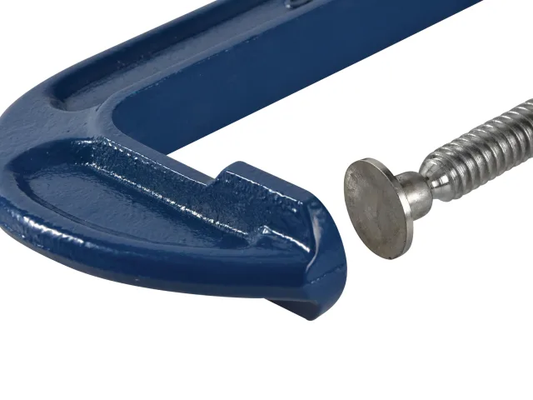 Blue C-clamp with a metal screw on a white background