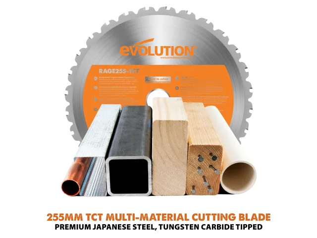 Circular saw blade with various materials on a white background, featuring the 'Evolution' brand.
