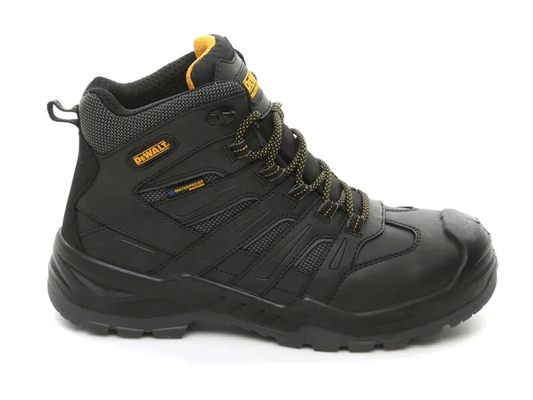 Black DeWalt boot with yellow accents on a white background