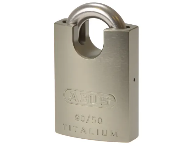 Metallic padlock with 'Abus' branding on a white background