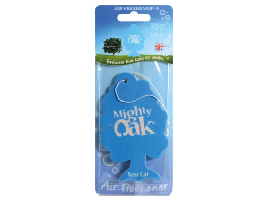 Blue air freshener with 'N mighty Oak' branding on a white background
