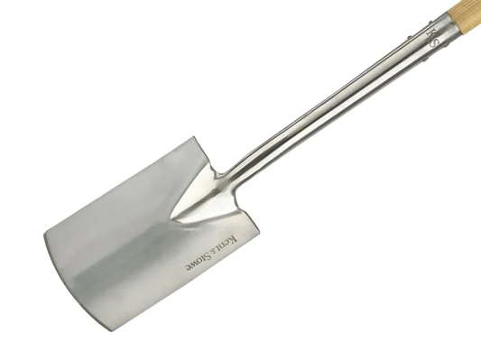 Metal garden spade with wooden handle on a white background