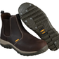Brown work boot with a close-up of the sole on a white background