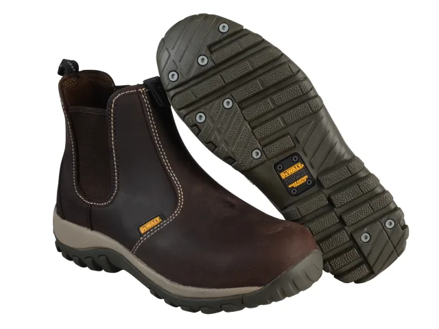 Brown work boot with a close-up of the sole on a white background