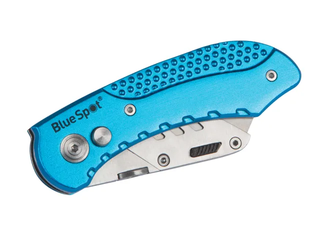 Blue folding knife with 'BlueSpot' branding on a white background
