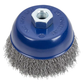 Blue cylindrical brush with wire bristles on a white background