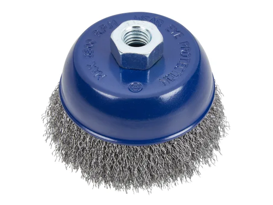 Blue cylindrical brush with wire bristles on a white background