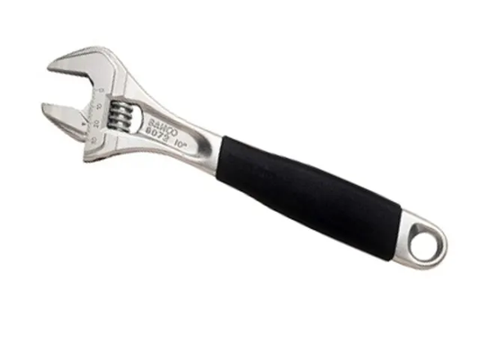 Adjustable wrench with black handle on a white background