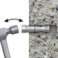 Hammer with a chisel attachment on a white background, next to a close-up of the chisel embedded in concrete.