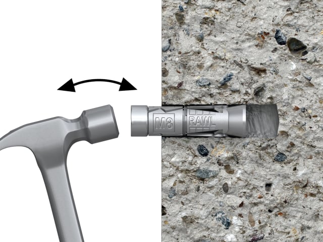 Hammer with a chisel attachment on a white background, next to a close-up of the chisel embedded in concrete.