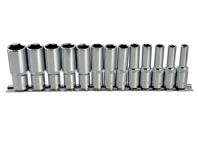 Set of 12 socket wrenches in a metal holder on a white background