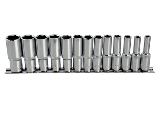 Set of 12 socket wrenches in a metal holder on a white background