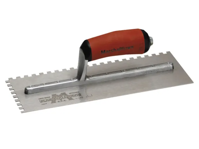 Metal trowel with red handle on a white background