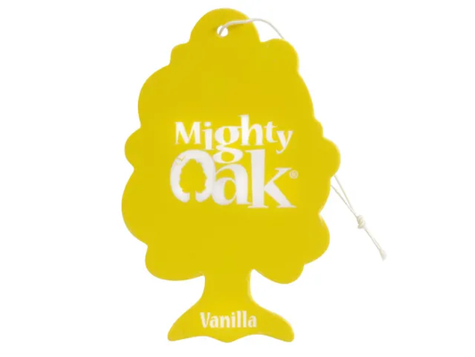 Yellow air freshener shaped like a tree with 'Mighty Oak Vanilla' text on a white background