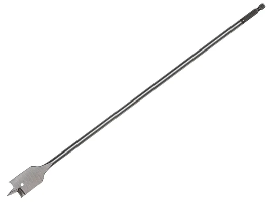 Long metal tool with a pointed end on a white background