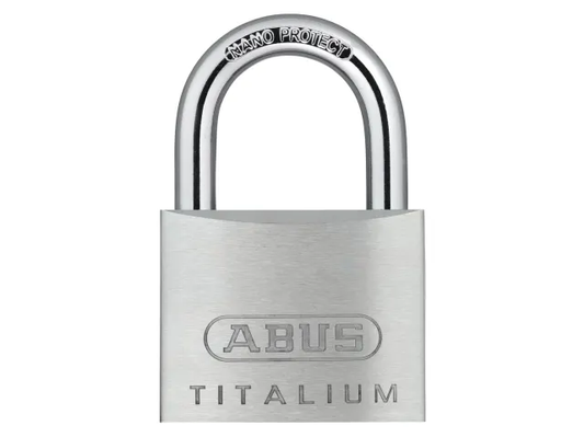 Silver ABUS Titalium padlock on a white background