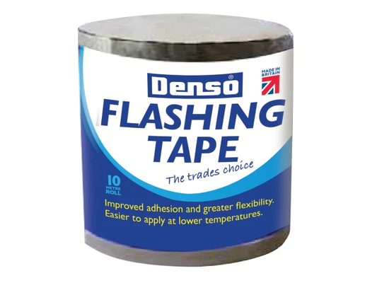 Can of Denso flashing tape with blue and white label on a white background