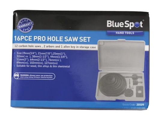 BlueSpot 16-piece Pro Hole Saw Set packaging on a white background