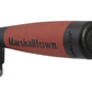 Marshalltown tool handle with red and black design on a white background