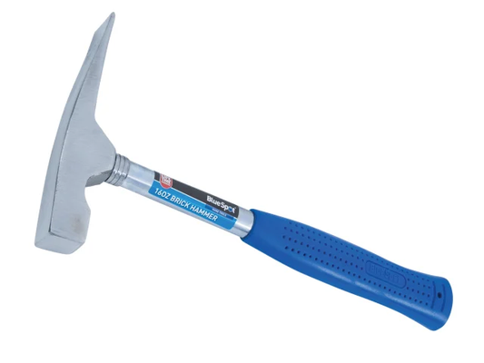 Brick hammer with blue handle on a white background