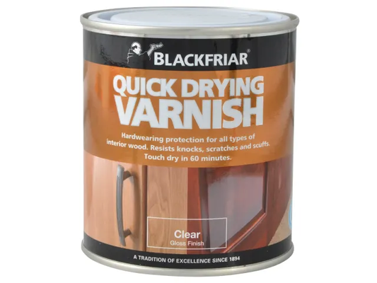 Can of Blackfriar Quick Drying Varnish on a white background