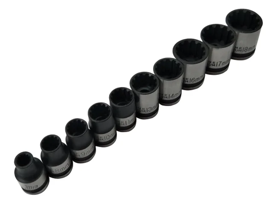 Set of black socket tool bits arranged in a row on a white background