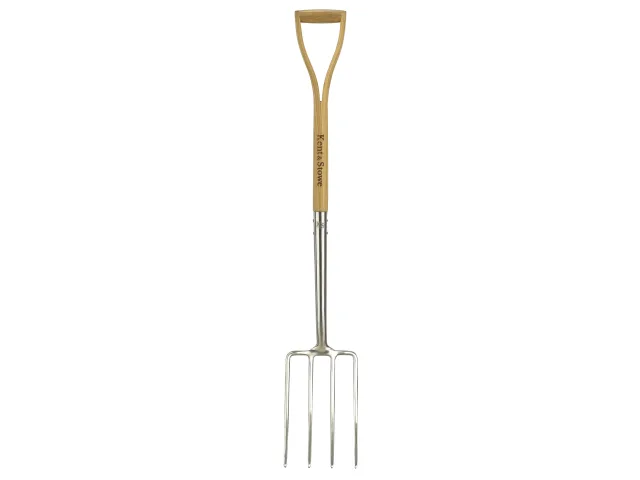 Gardening fork with wooden handle on a white background